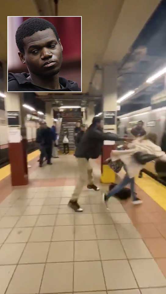 Violent attacker pushes woman into train carriage on Subway